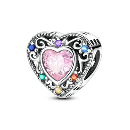Family Heart Pandora Charm | Colorful Birthstone Crystal | Pink Bead | Mom Grandma Gift | Silver Jewelry