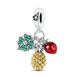 Lucky Clover Pineapple Strawberry Pandora Charm | Triple Fruit Dangle | Silver Summer Tropical Jewelry
