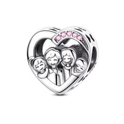 Sterling Silver Family Heart Charm: Pink Crystal Pandora Compatible