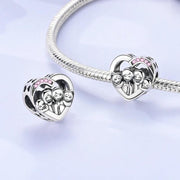Sterling Silver Family Heart Charm: Pink Crystal Pandora Compatible