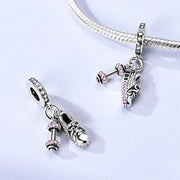 Fitness Gym Dangle Fits Pandora Charm Bracelet, Silver Pink Crystal Sneaker Dumbbell Sporty Gift