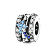 Galaxy Moon Star Pandora Charm | Blue Crystal Pave Spacer | Silver Night Sky | Celestial Jewelry