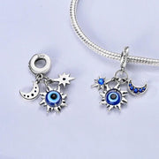 Sun Moon Star Evil Eye Pandora Charm | Celestial Triple Dangle | Blue Crystal Protection