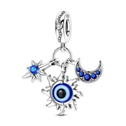 Sun Moon Star Evil Eye Pandora Charm | Celestial Triple Dangle | Blue Crystal Protection