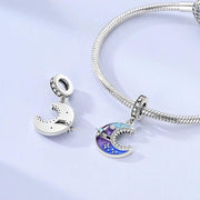 Blue Crescent Moon Bead Fits Pandora Charm Bracelet, Silver Celestial Galaxy Star Dangle Gift