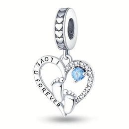 Baby Footprints Pandora Charm | Blue Crystal Heart | I Love U Forever | New Mom Gift