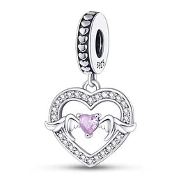 Angel Wing Heart Pandora Charm | Pink Crystal Love Dangle | Silver Guardian Memorial Gift