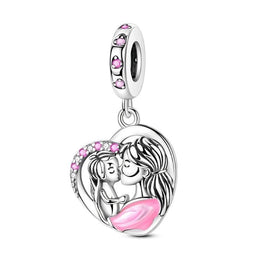 Mother Daughter Love Pandora Charm | Pink Heart Mom Kissing Child Dangle | Silver Mum Gift