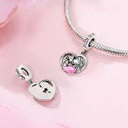 Mother Daughter Love Pandora Charm | Pink Heart Mom Kissing Child Dangle | Silver Mum Gift