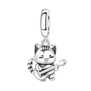 Cat Playing Guitar Pandora Charm | Singing Kitten Musician Bead | Silver Music Lover Gift