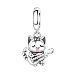 Cat Playing Guitar Pandora Charm | Singing Kitten Musician Bead | Silver Music Lover Gift