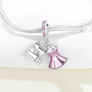 Sewing Bead Fits Pandora Charm Bracelet, 925 Sterling Silver Machine, Pink Dress Dangle Gift