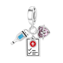 Nurse Pandora Charm | Thermometer Clipboard Heartbeat | Silver Medical Dangle | Healthcare Graduation Gift