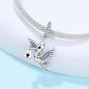 Stork Baby Boy Pandora Charm | Blue Crystal Bird Dangle | New Mom Shower Gift