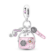 Pink Radio Music Pandora Charm | Microphone Dangle | Pop Star Singer Gift | Retro Karaoke Jewelry