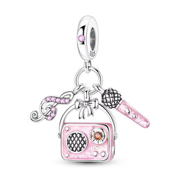 Pink Radio Music Pandora Charm | Microphone Dangle | Pop Star Singer Gift | Retro Karaoke Jewelry
