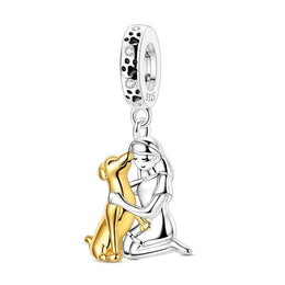 Girl Hugging Dog Pandora Charm | Golden Retriever Two Tone Dangle | Silver Pet Lover Gift