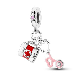 Nurse Doctor Pandora Charm | Medical Kit Stethoscope Heart | Pink Dangle | Healthcare Graduation Gift
