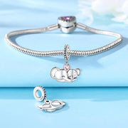 Elephant Pandora Charm | Mom & Baby Sleeping | Pink Heart Crystal | Silver Dangle | Family Love Gift