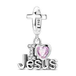 I Love Jesus Pandora Charm | Cross Bail Dangle | Pink Heart | Christian Faith Jewelry Gift