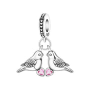 Lovebirds Pandora Charm | Pink Heart Crystal | Two Doves Dangle | Romantic Wedding Anniversary Gift