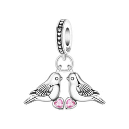 Lovebirds Pandora Charm | Pink Heart Crystal | Two Doves Dangle | Romantic Wedding Anniversary Gift