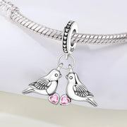 Lovebirds Pandora Charm | Pink Heart Crystal | Two Doves Dangle | Romantic Wedding Anniversary Gift