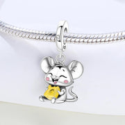 Mouse Pandora Charm | Rat Holding Cheese | Year of the Rat Gift | Silver Kawaii Animal Jewelry