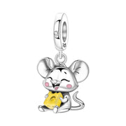 Mouse Pandora Charm | Rat Holding Cheese | Year of the Rat Gift | Silver Kawaii Animal Jewelry