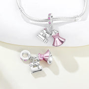 Sewing Bead Fits Pandora Charm Bracelet, 925 Sterling Silver Machine, Pink Dress Dangle Gift
