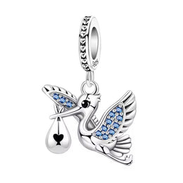 Stork Baby Boy Pandora Charm | Blue Crystal Bird Dangle | New Mom Shower Gift