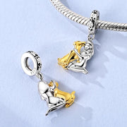 Girl Hugging Dog Pandora Charm | Golden Retriever Two Tone Dangle | Silver Pet Lover Gift
