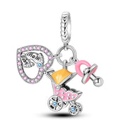 Baby Stroller Pandora Charm | Mom Heart Footprint | Pacifier Triple Dangle | Pink New Mom Gift