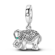 Lucky Elephant Pandora Charm | Green Eye Crystal | Silver Good Luck Dangle | Boho Filigree Jewelry