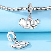 Elephant Pandora Charm | Mom & Baby Sleeping | Pink Heart Crystal | Silver Dangle | Family Love Gift
