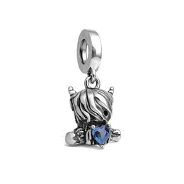 Highland Cow Pandora Charm | Blue Heart Crystal | Silver Dangle | Scottish Animal Bead | Heilan Coo
