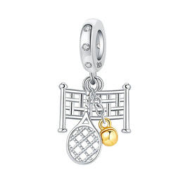 Tennis Racket Pandora Charm | Gold Ball Net Dangle | Silver Sport Jewelry | Athlete Coach Gift