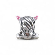 Highland Cow Girl Pandora Charm | Pink Bow Horns | Silver Scottish Animal Bead