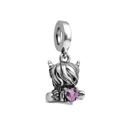 Highland Cow Pandora Charm | Pink Heart Crystal | Silver Dangle | Scottish Animal Love Gift