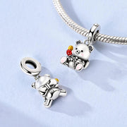 Teddy Bear Pandora Charm | Tulip Flower Bouquet | Silver Dangle | Animal Gift | Spring Jewelry