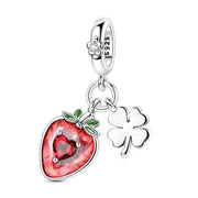 Strawberry Clover Pandora Charm | Red Heart Fruit | Good Luck Silver Dangle | Summer Nature Gift