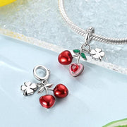 Cherry Heart Clover Pandora Charm | Red Crystal Fruit | Good Luck Silver Dangle | Summer Gift