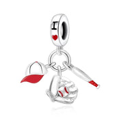 Baseball Pandora Charm | Bat Glove Cap Dangle | Red Enamel Sport Jewelry | Athlete Gift