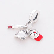Baseball Pandora Charm | Bat Glove Cap Dangle | Red Enamel Sport Jewelry | Athlete Gift