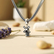 Windmill Pandora Charm | Dutch Travel Souvenir | Silver Heart Dangle | Holland Sparkle Gift