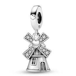 Windmill Pandora Charm | Dutch Travel Souvenir | Silver Heart Dangle | Holland Sparkle Gift