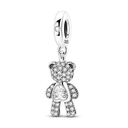 Teddy Bear Pandora Charm | Sparkle Crystal Heart | Silver Pave Dangle | Love Gift