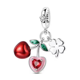 Cherry Heart Clover Pandora Charm | Red Crystal Fruit | Good Luck Silver Dangle | Summer Gift