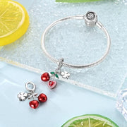 Cherry Heart Clover Pandora Charm | Red Crystal Fruit | Good Luck Silver Dangle | Summer Gift