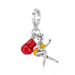 Boxing Girl Pandora Charm | Red Glove Fighter Dangle | Silver Sport Jewelry | Strong Woman Gift